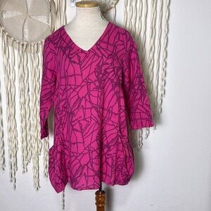 Chalet Linen Pink and Purple Abstract Print Tunic Lagenlook Top Front Pocket Sm